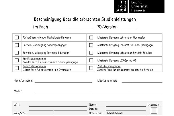 Screenshot von der Bescheinigung über erbrachte Studienleistungen (blanko)